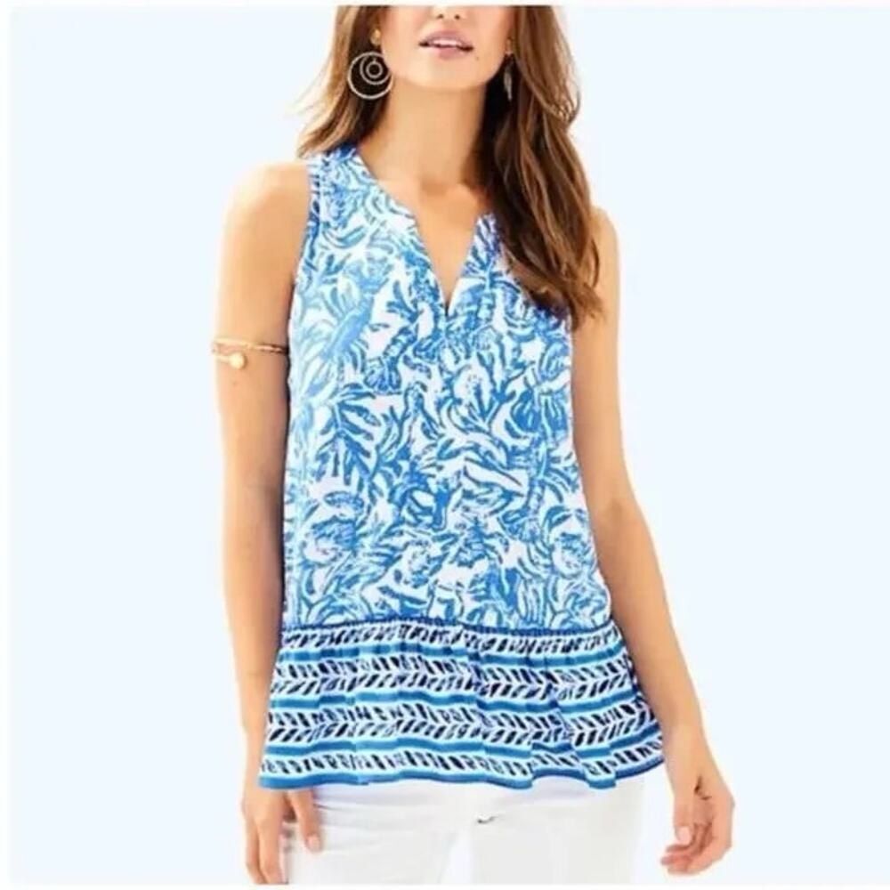 Lilly Pulitzer Gramercy Resort White Blue Print Sleeveless Top Peplum Tank XS